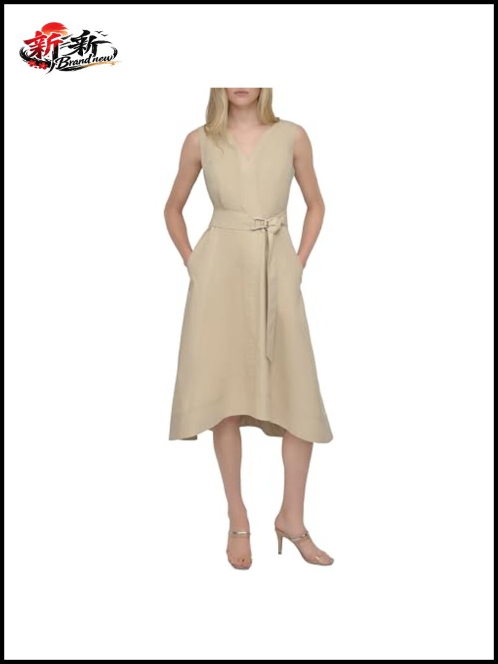 Sleeveless V-Neck Fit and Flare Midi Dress, 50% Tencel 50% Cotton, Zipper